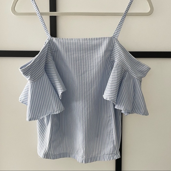 [S] Zara Trafulac Baby Blue & White Striped Fitted Cold Ruffle Shoulder Crop Top - Picture 2 of 12